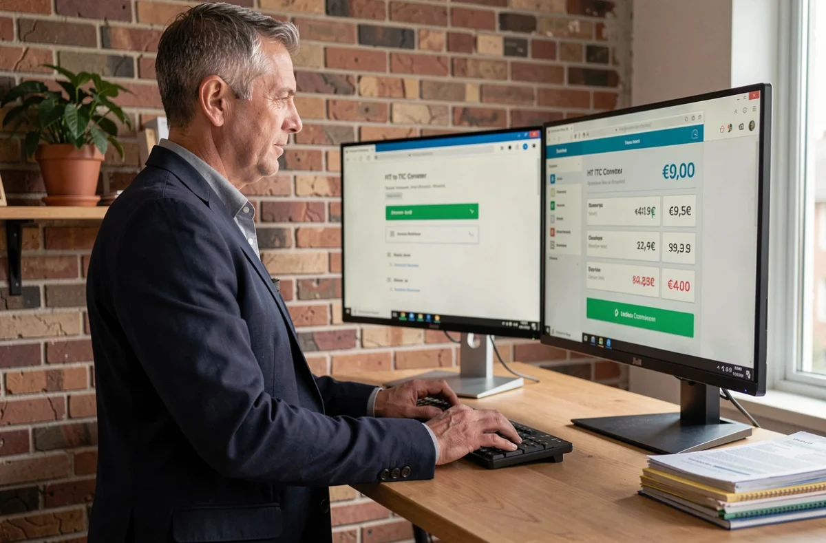 Homme freelance utilisant un convertisseur HT TTC en ligne sur double écran dans un bureau à domicile