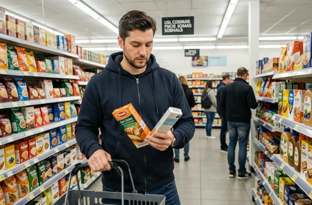 Homme comparant les prix dans un supermarché français pour gérer son budget avec 2300 euros net par mois