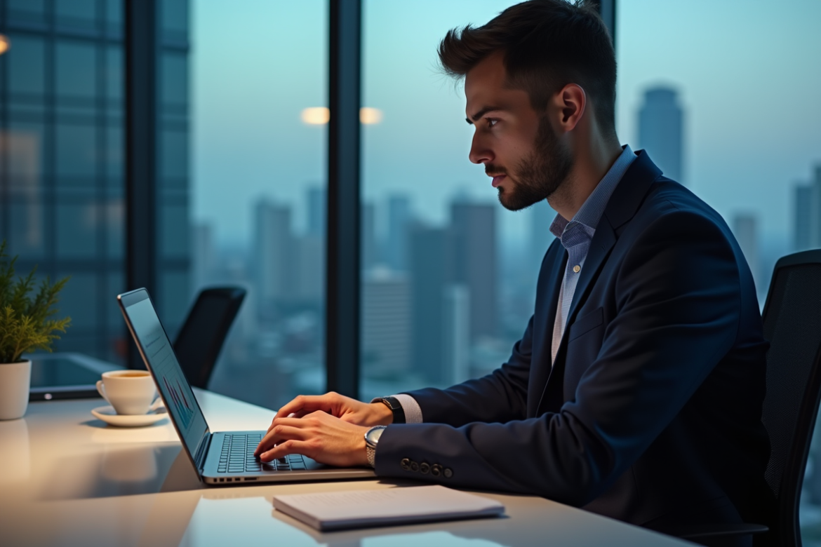 Homme analysant graphiques Ripple sur son ordinateur au bureau