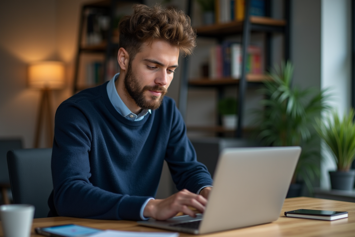 Homme en sweater bleu compare des graphiques de cryptomonnaies