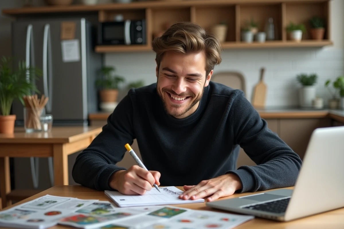 Jeune homme écrivant sa liste de courses à la maison