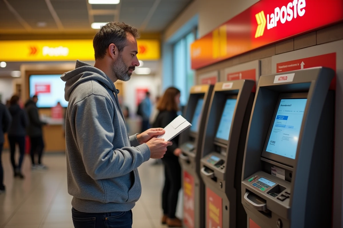Homme consultant l'écran d'un distributeur Banque Postale pour effectuer un dépôt d'espèces en bureau de poste