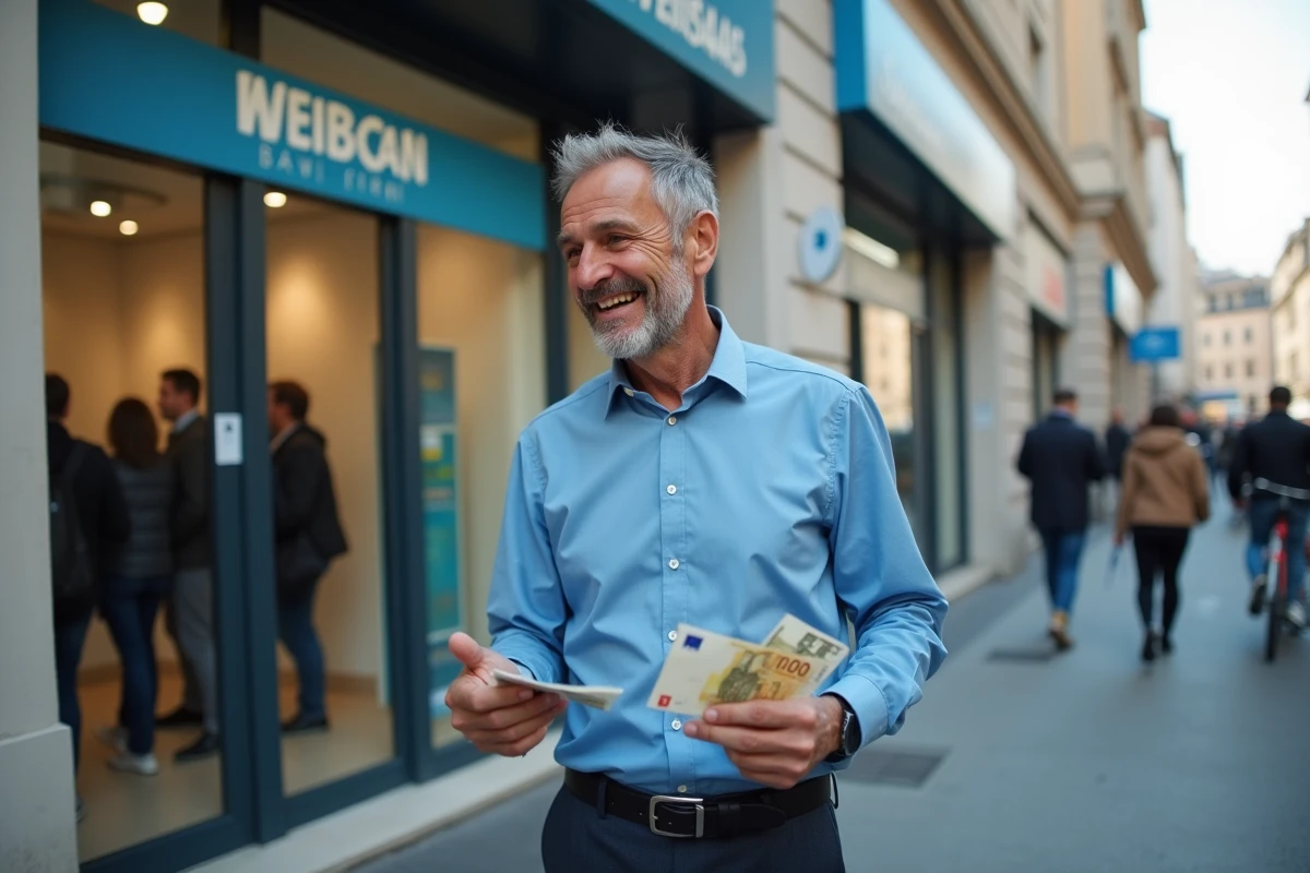 Homme regardant des billets de franc et euro devant une banque