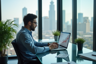 Homme d'affaires analysant des graphiques financiers sur un ordinateur