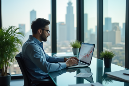 Homme d'affaires analysant des graphiques financiers sur un ordinateur