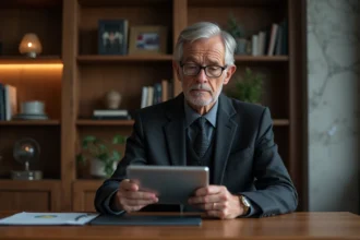 Homme d'affaires en costume examinant un graphique financier sur tablette