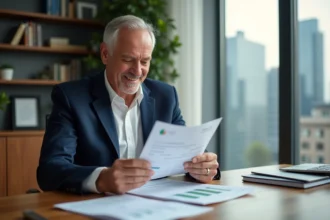 Homme d'âge mûr lisant un rapport financier dans un bureau moderne