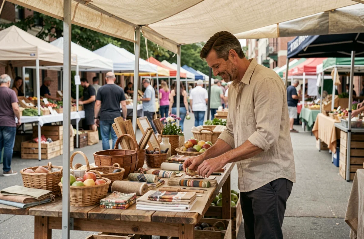 Homme vendant des produits artisanaux sur un marché pour compléter légalement ses revenus au SMIC en 2026