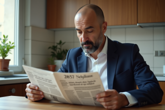 Homme musulman en costume lisant un journal financier dans une cuisine moderne