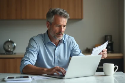 Homme d'âge moyen travaillant à la maison avec son ordinateur