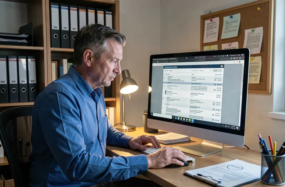 Homme recherchant un contrat ADIS dans ses documents numériques sur un ordinateur de bureau