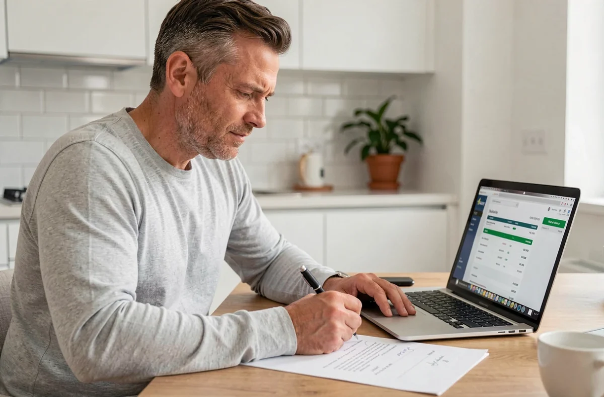 Homme rédigeant un courrier de contestation pour un prélèvement non reconnu AMZ Digital FRA sur son compte bancaire