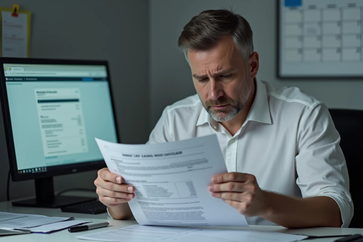 Homme comparant un relevé bancaire et une lettre CAF pour comprendre pourquoi son virement n'est pas arrivé