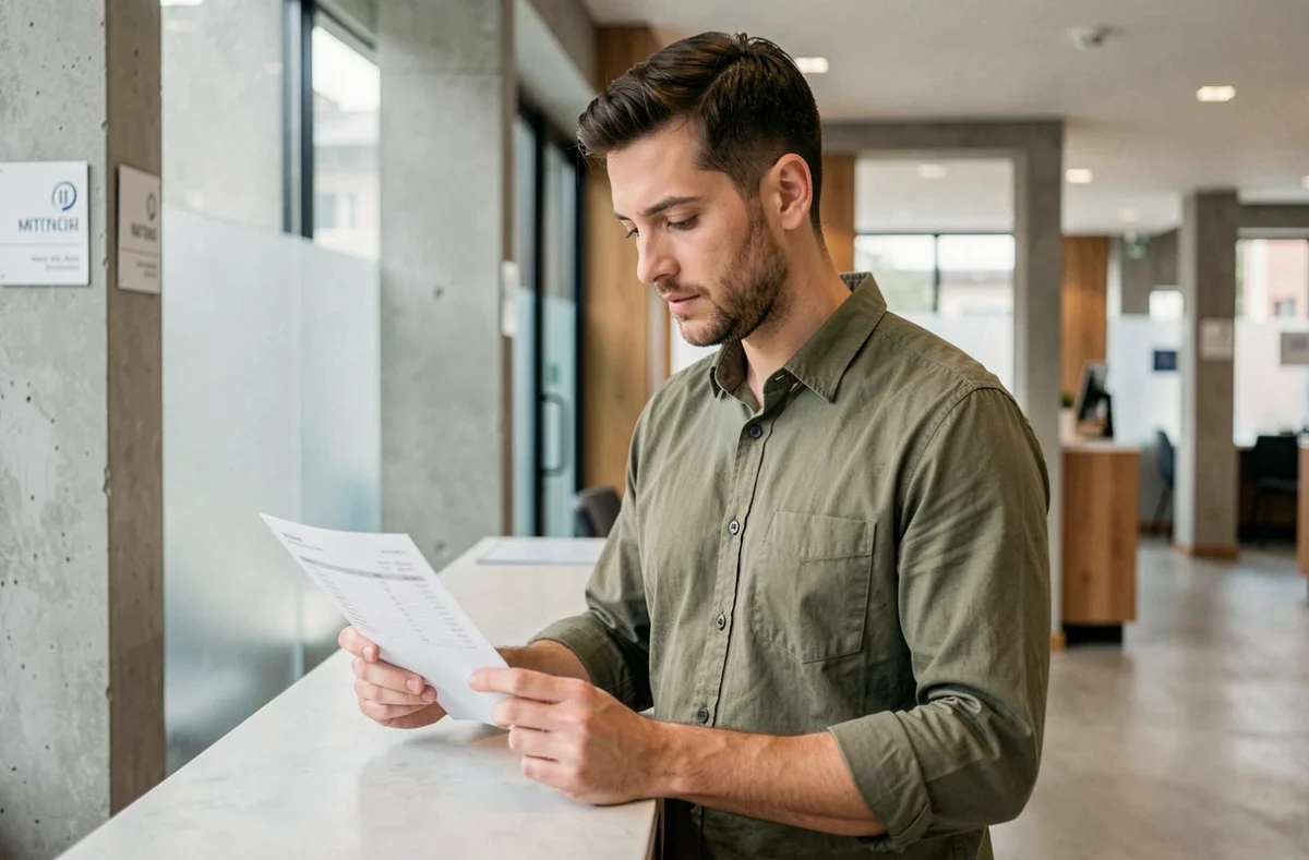 Homme examinant un relevé de compte bancaire CMB Bretagne dans une agence moderne