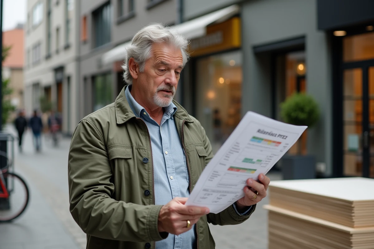 Homme vérifiant un formulaire Éco PTZ devant un magasin