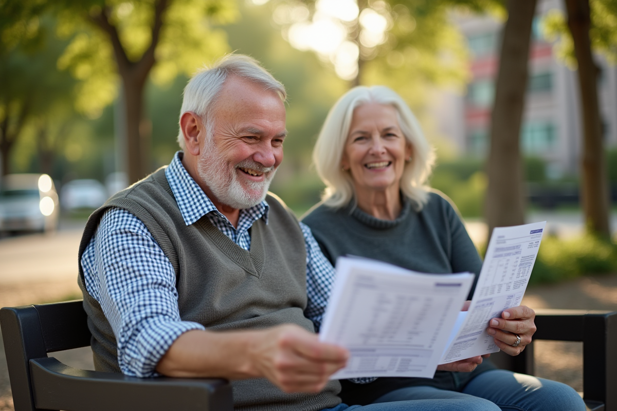 Homme retraité souriant discutant de finances en plein air