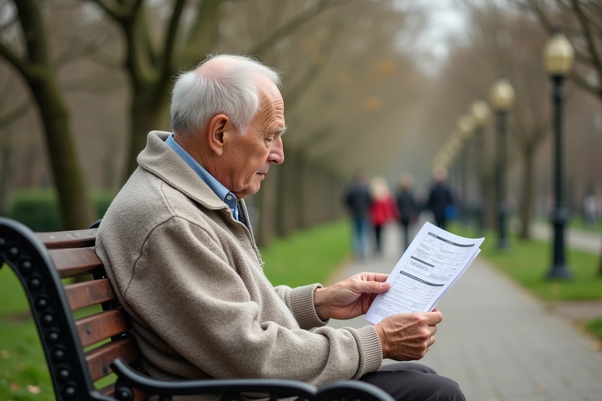 Homme âgé vérifiant un relevé bancaire dans un parc au printemps