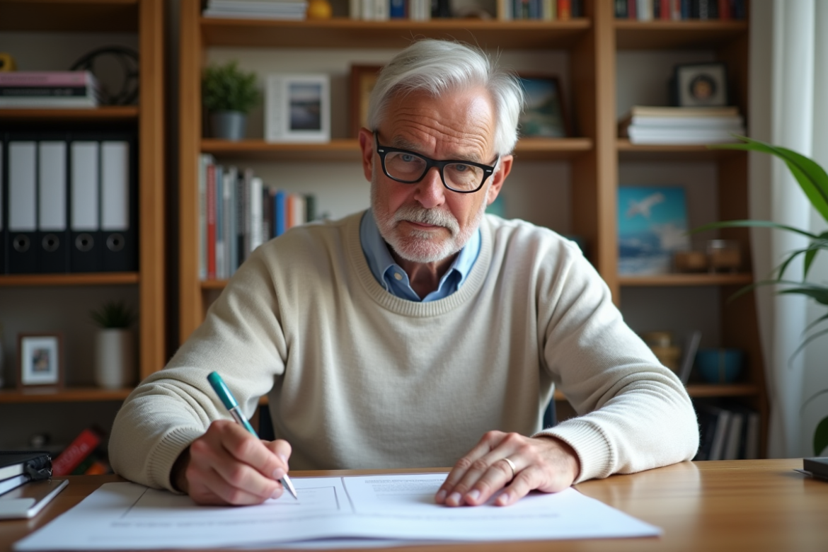 Homme retraité remplissant documents de pension à domicile