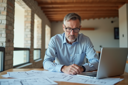 Homme d'âge moyen examinant des plans dans une cuisine lumineuse