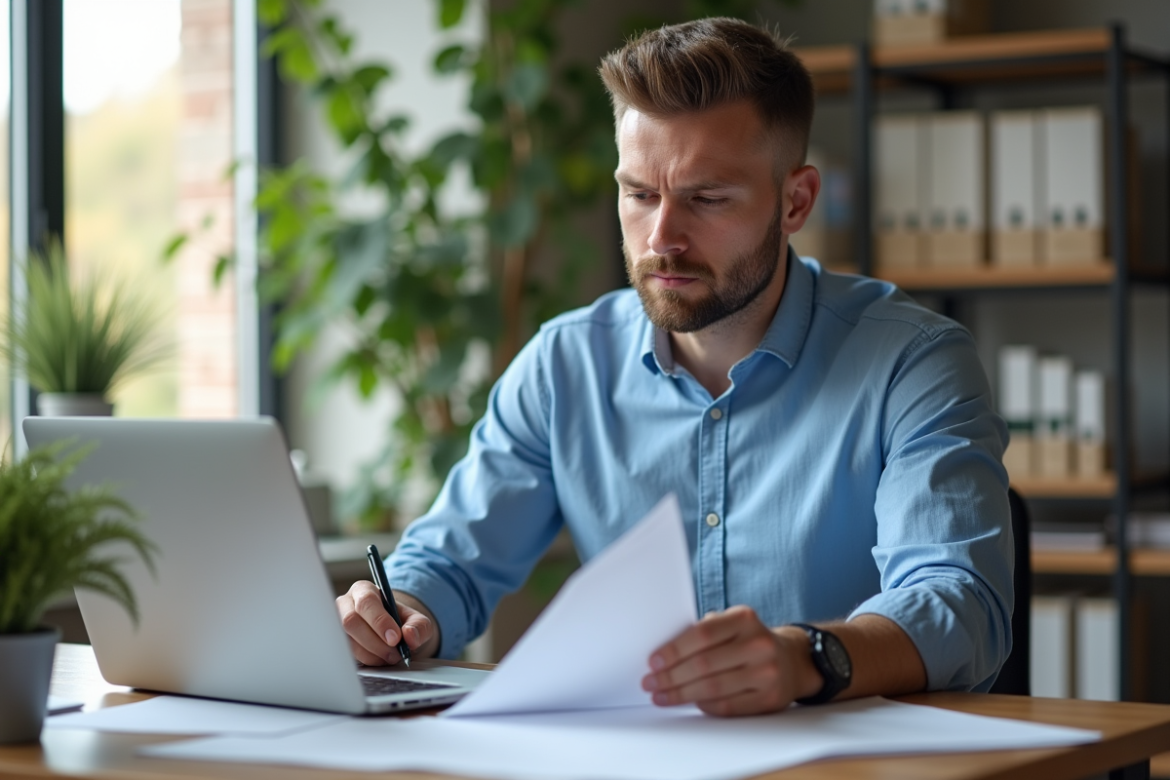 Homme d'âge moyen examinant des documents de retraite dans un bureau moderne
