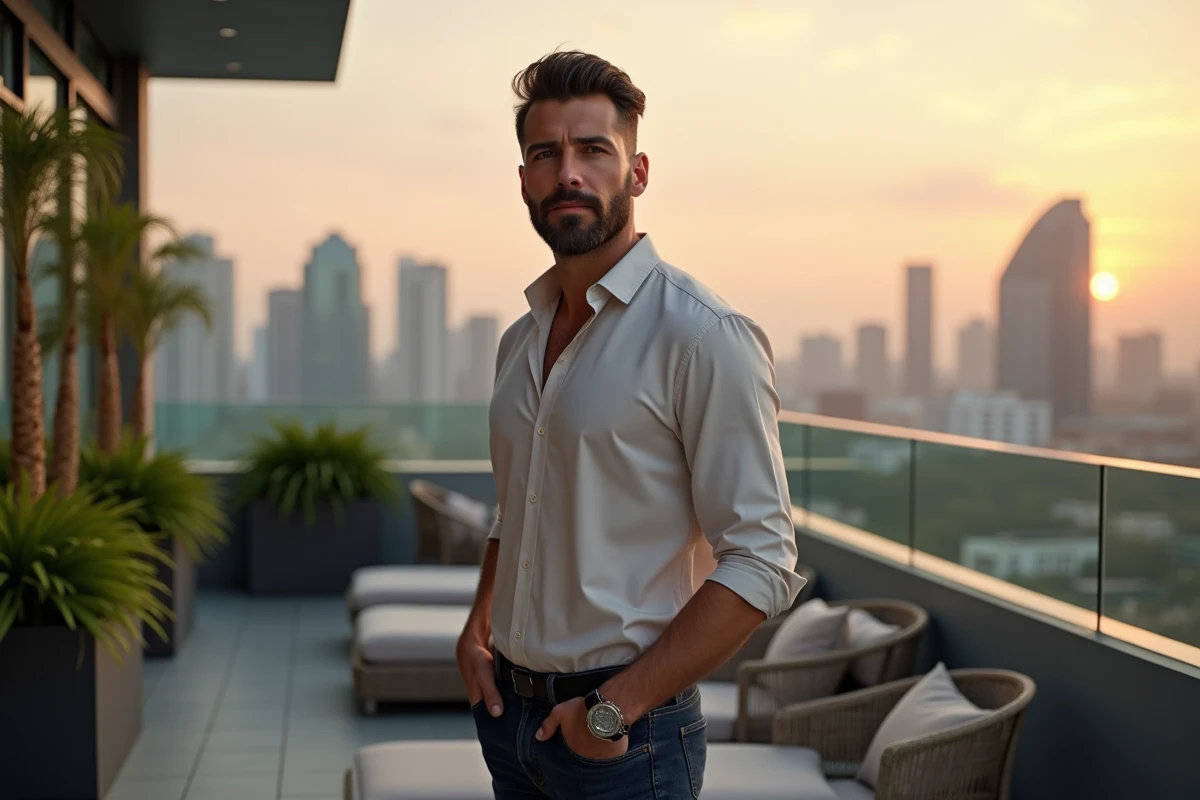 Homme élégant sur un rooftop avec vue urbaine