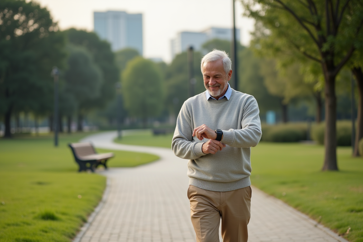 Homme actif en promenade dans un parc urbain
