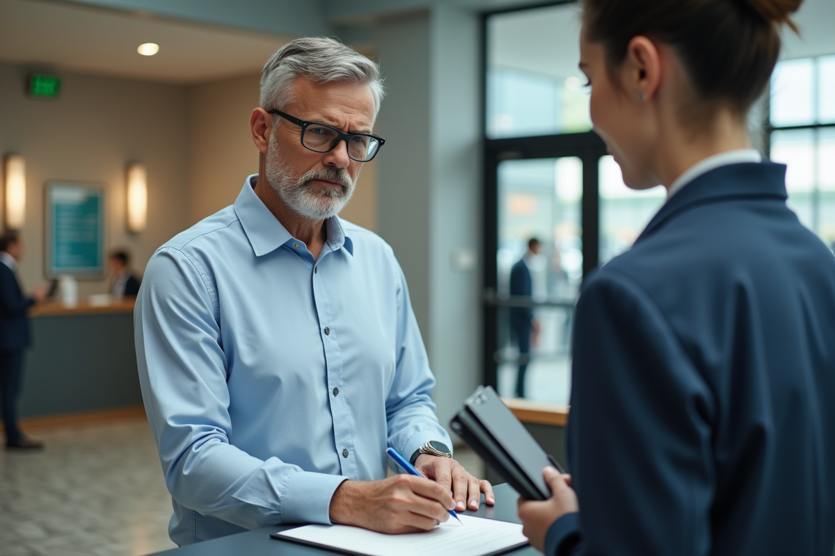 Homme signant un contrat de prêt dans une agence bancaire
