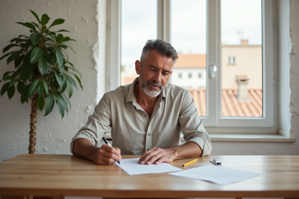Homme d'âge moyen signant un document de prêt immobilier dans un intérieur lumineux