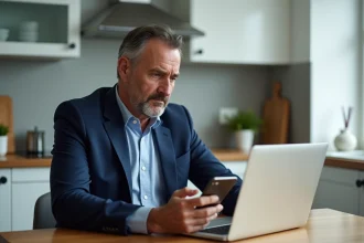 Homme d'âge moyen inquiet utilisant son ordinateur portable