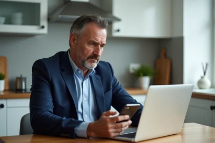 Homme d'âge moyen inquiet utilisant son ordinateur portable