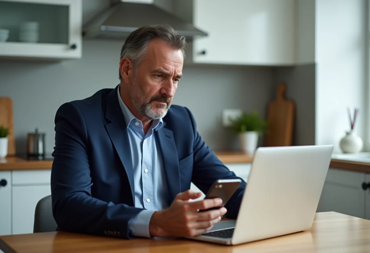 Homme d'âge moyen inquiet utilisant son ordinateur portable