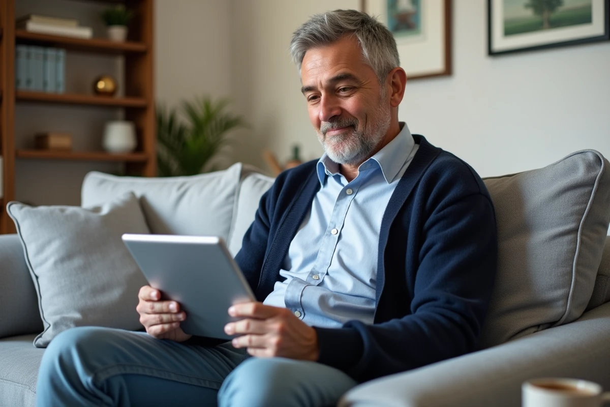 Homme assis sur un canapé consulte un formulaire sur tablette
