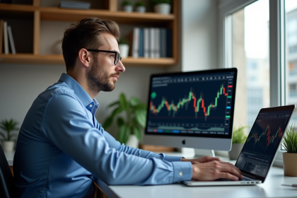 Homme en bureau moderne travaillant sur un ordinateur de trading