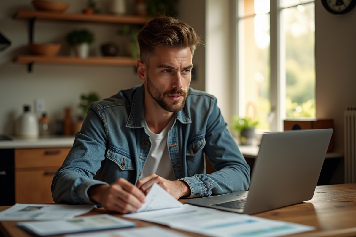 Homme travaillant à domicile avec factures et ordinateur sur la table