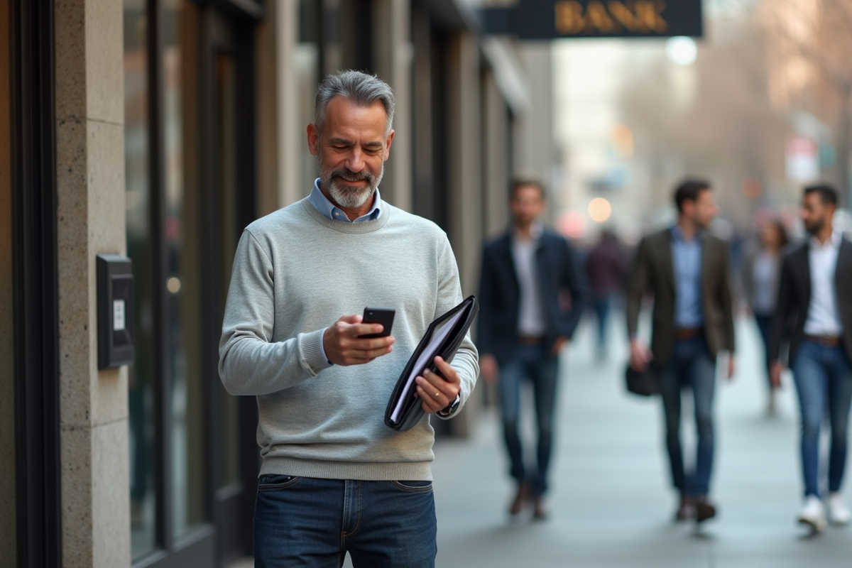 Homme d affaires dehors regardant son smartphone