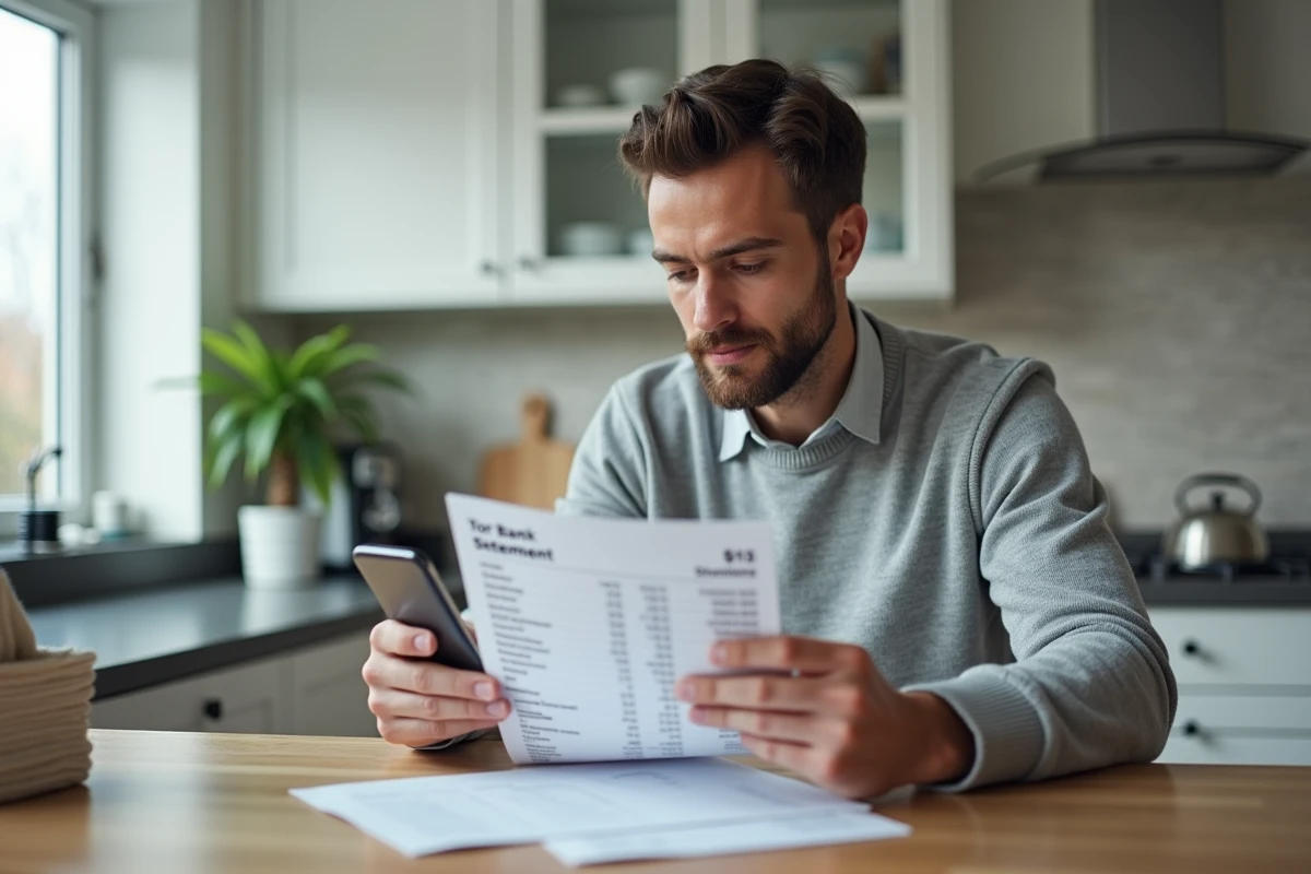 Homme comparant son relevé bancaire papier avec les transactions sur smartphone pour identifier une fraude