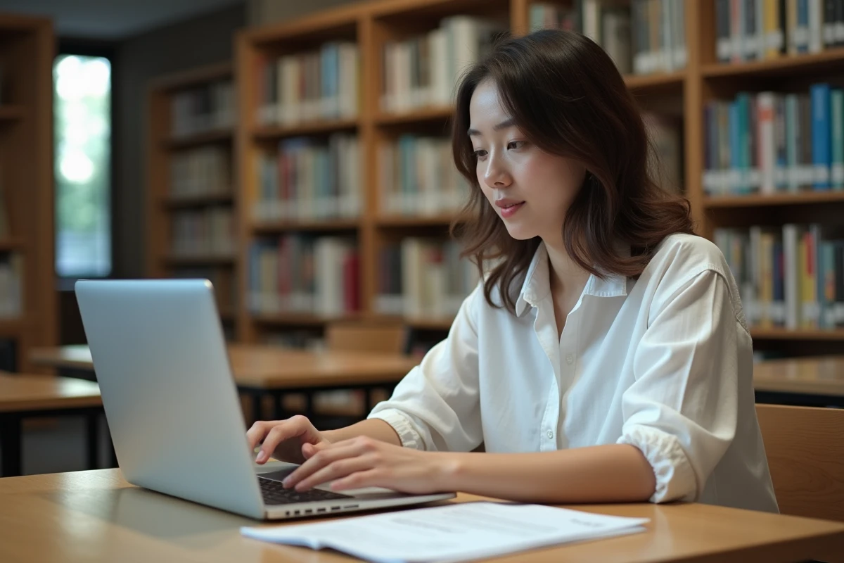 Jeune femme imprimant et consultant une facture Free Mobile en PDF dans une bibliothèque