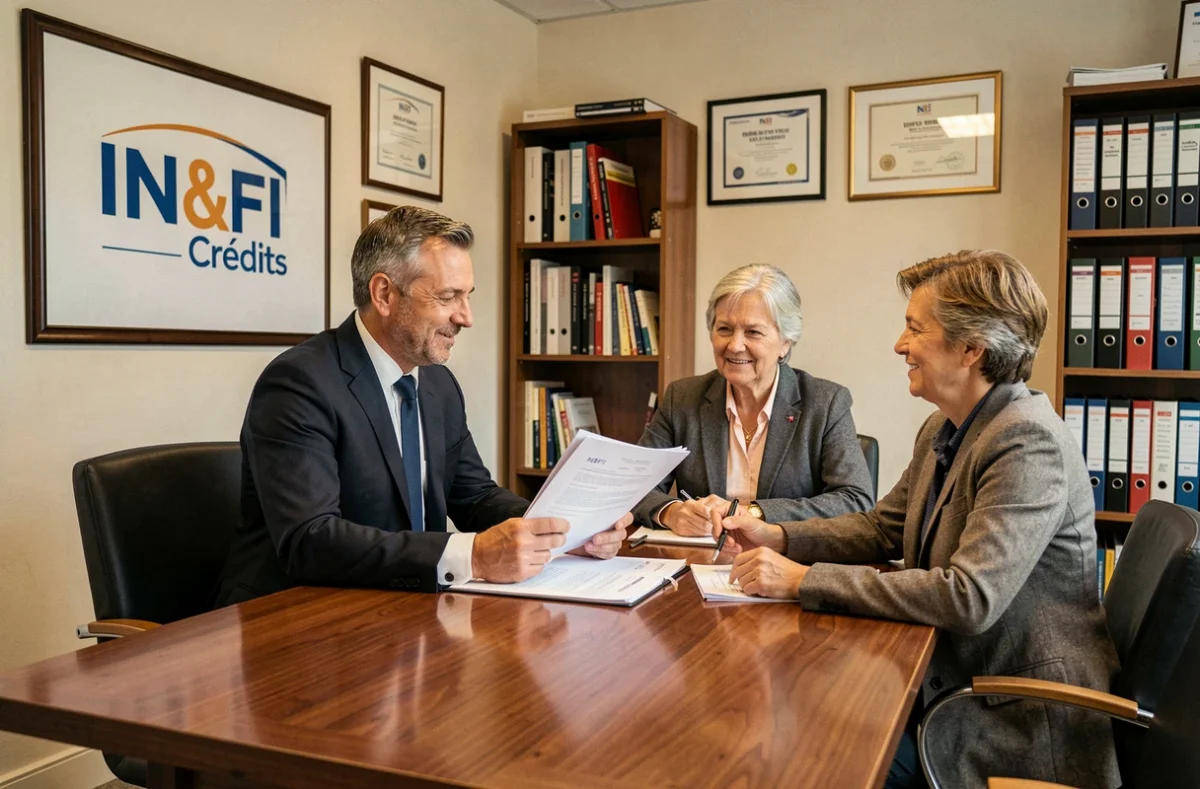 Courtier IN&FI Crédits en consultation avec des clients dans une agence franchise pour un prêt immobilier