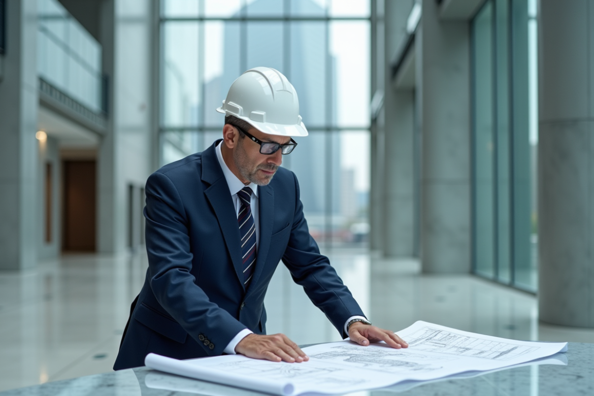 Ingénieur en costume examinant un plan architectural