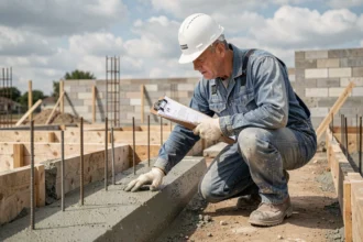 Professionnel du bâtiment inspectant une fondation en béton sur un chantier de construction, illustration de la garantie décennale