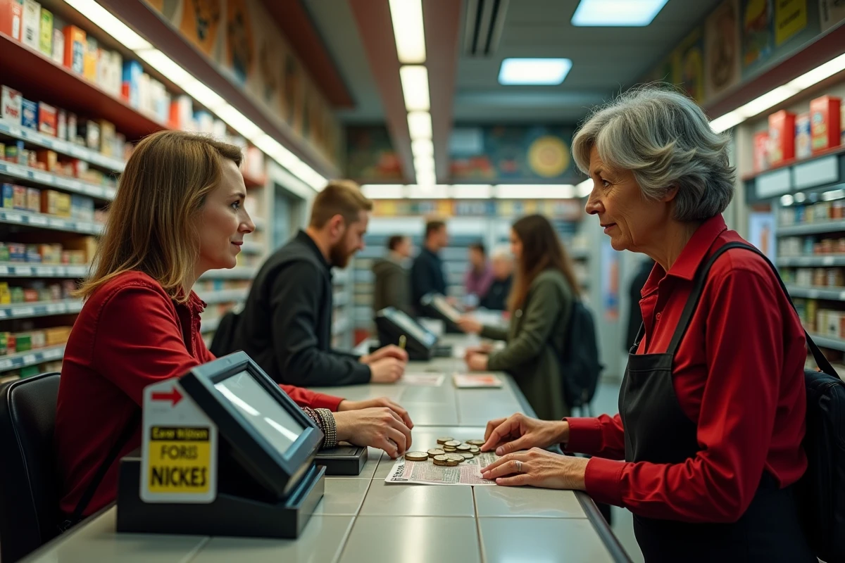 Intérieur d'un bureau de tabac avec clients attendant pour un dépôt d'espèces Nickel