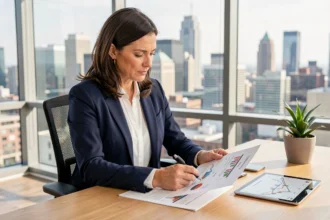 Femme professionnelle analysant des documents d'investissement en SCPI santé dans un bureau moderne