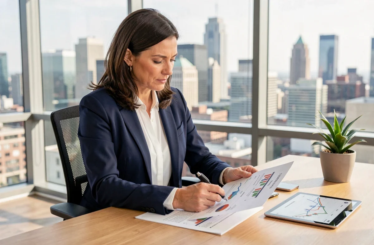 Femme professionnelle analysant des documents d'investissement en SCPI santé dans un bureau moderne