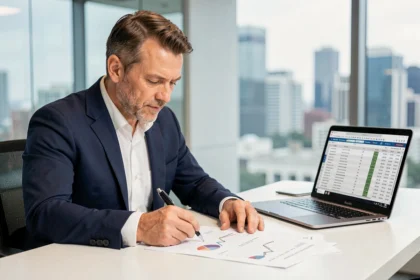 Investisseur analysant des documents financiers liés à une SCPI dans un bureau moderne