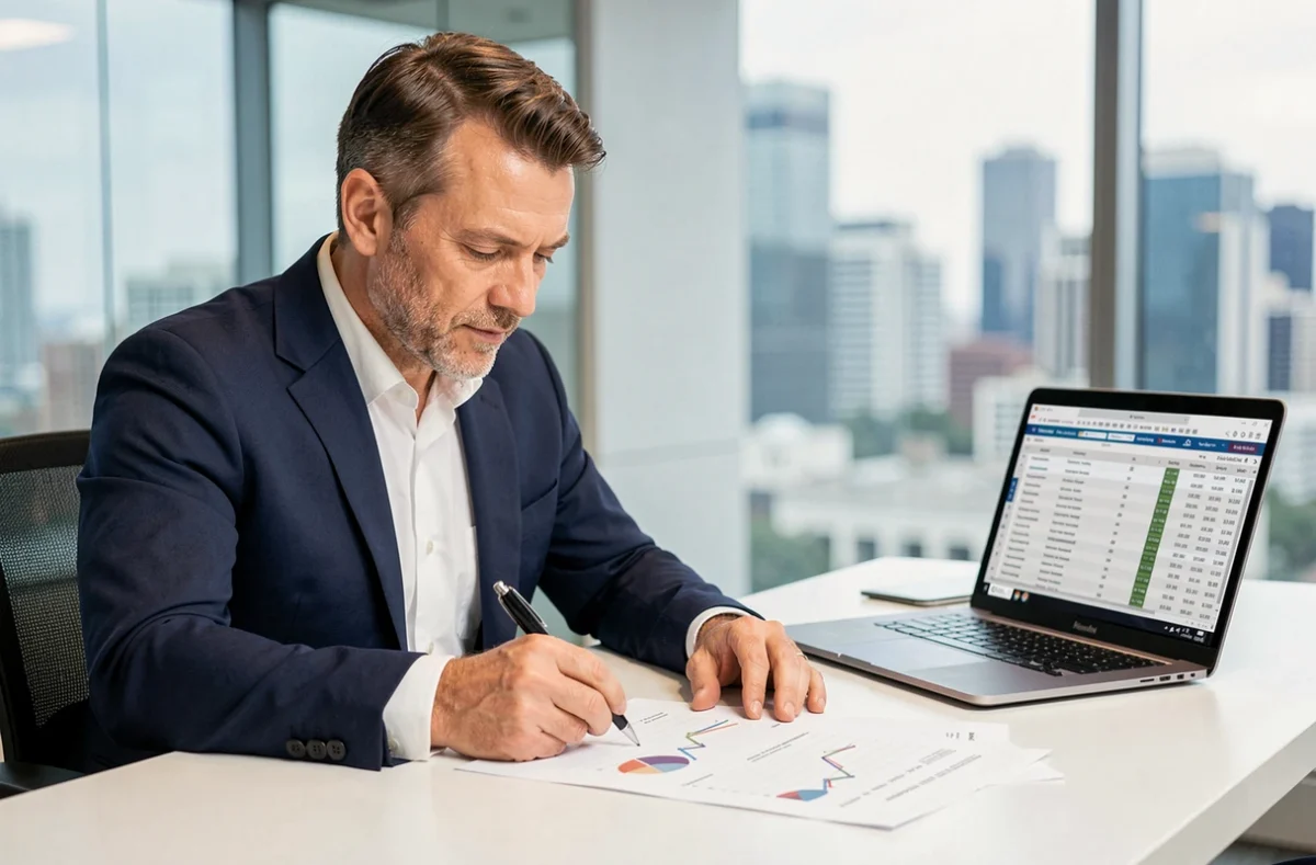 Investisseur analysant des documents financiers liés à une SCPI dans un bureau moderne