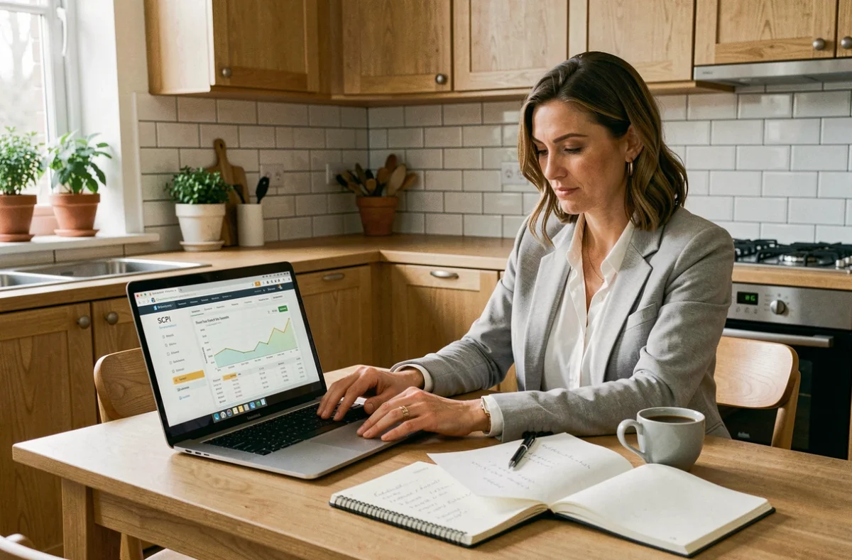 Femme investissant dans des SCPI depuis son domicile, comparant les prix des parts sur ordinateur