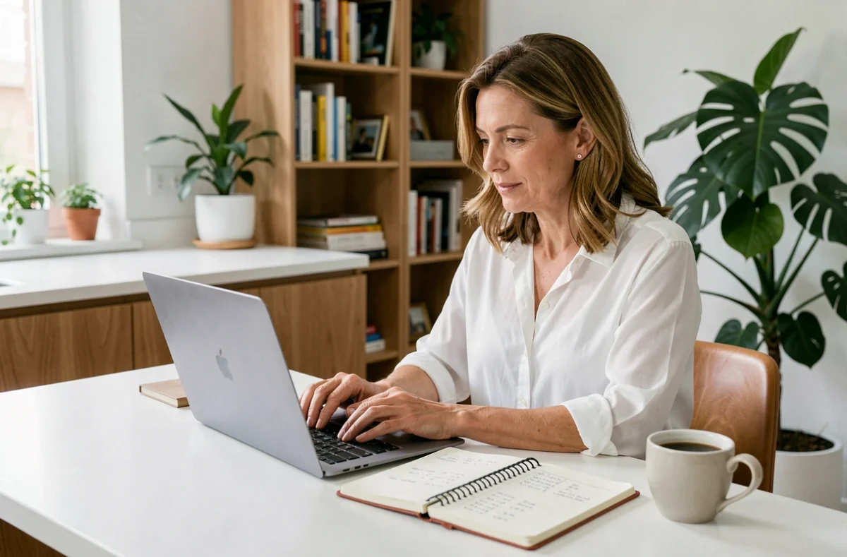 Femme calculant le taux d'emprunt pour financer des parts de SCPI depuis son domicile