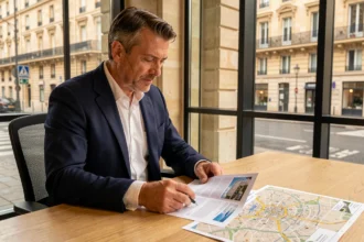 Investisseur consultant des documents de diversification patrimoniale en SCPI européenne dans un bureau moderne avec vue urbaine