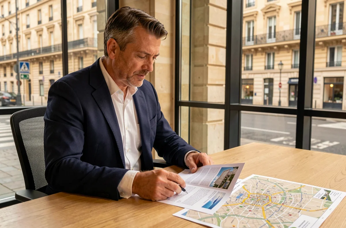 Investisseur consultant des documents de diversification patrimoniale en SCPI européenne dans un bureau moderne avec vue urbaine