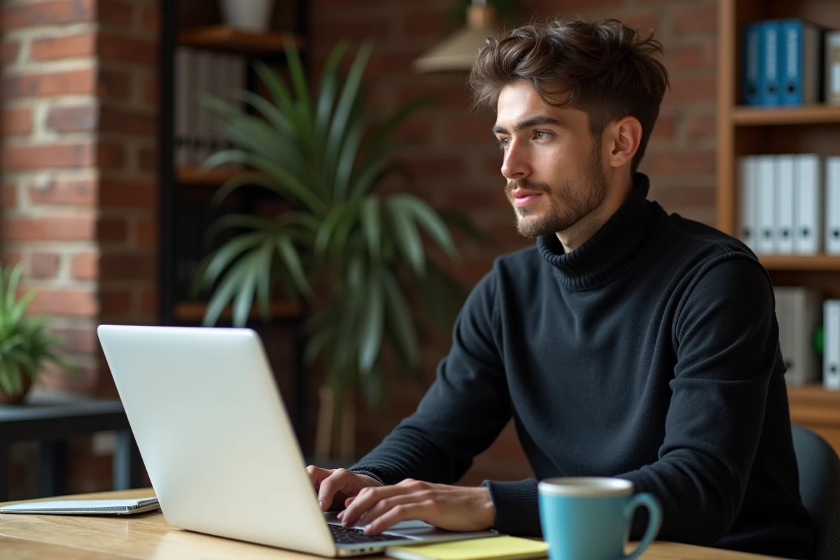 Jeune comptable en télétravail comparant son salaire aux moyennes nationales sur un ordinateur portable